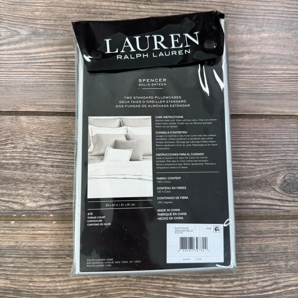 Ralph Lauren Standard Pillowcases Sage Spencer Solid Sateen 2pc Set NEW